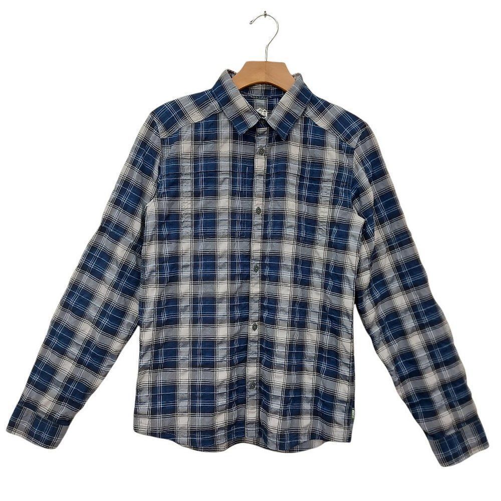 Rei Coop Shirt Boys XL (18) Blue Plaid Button Up Outdoor Roll Tab Sleeve Travel